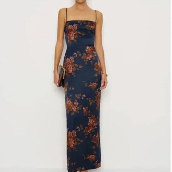 Reformation Frankie Silk Maxi Dress Sz6 Core Navy Red Floral Holiday Cocktail - Picture 2 of 9